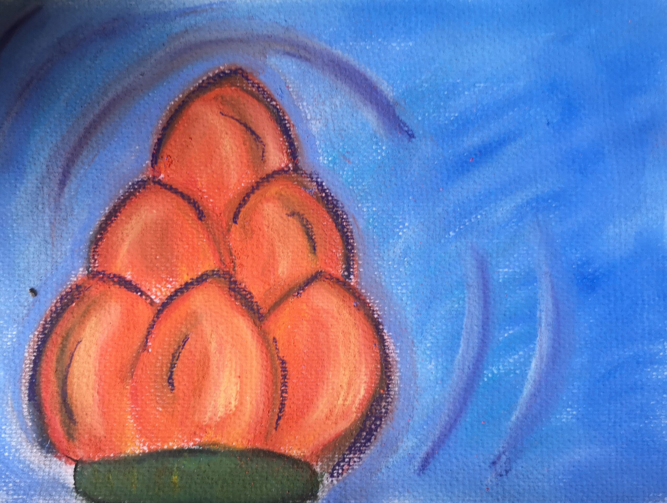 Bild einer orangefarbenen Blüte vor blauem Hintergrund