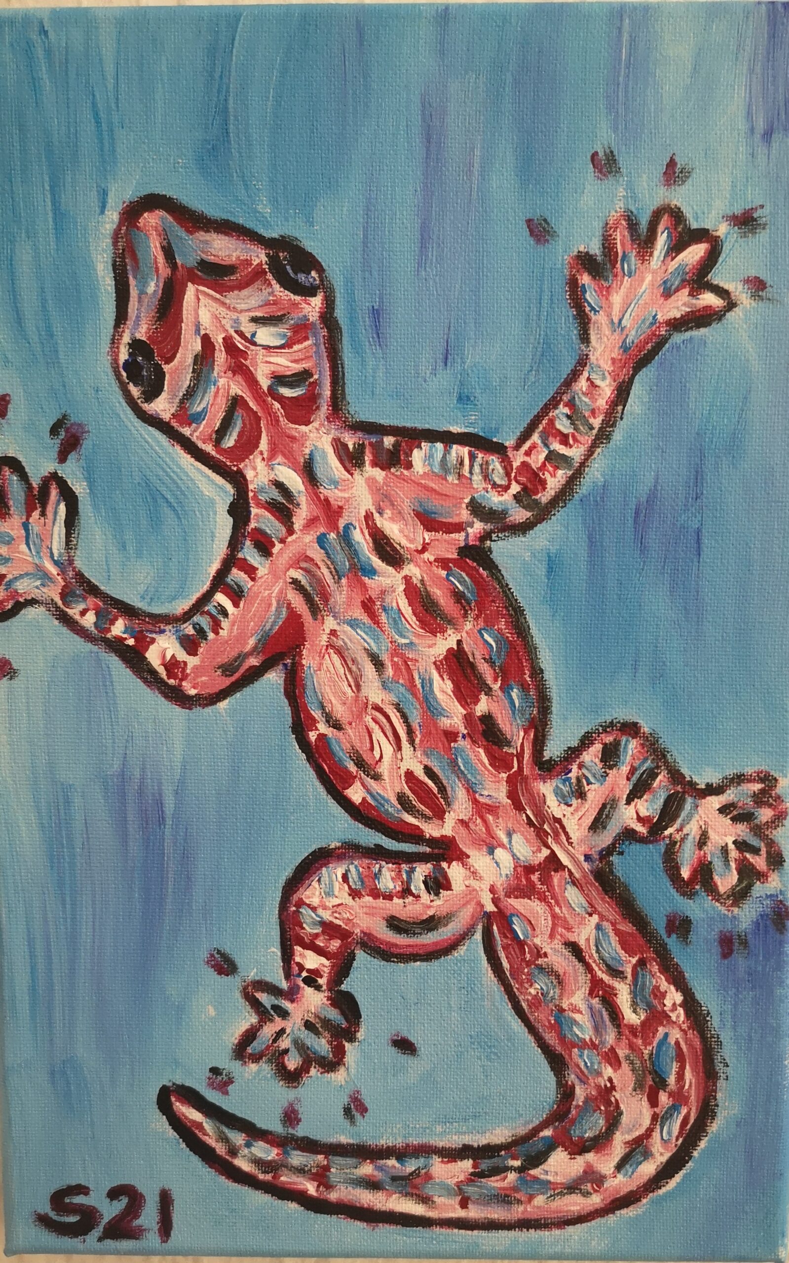 Bild eines rot blauen Geckos auf blauem Hintergrund