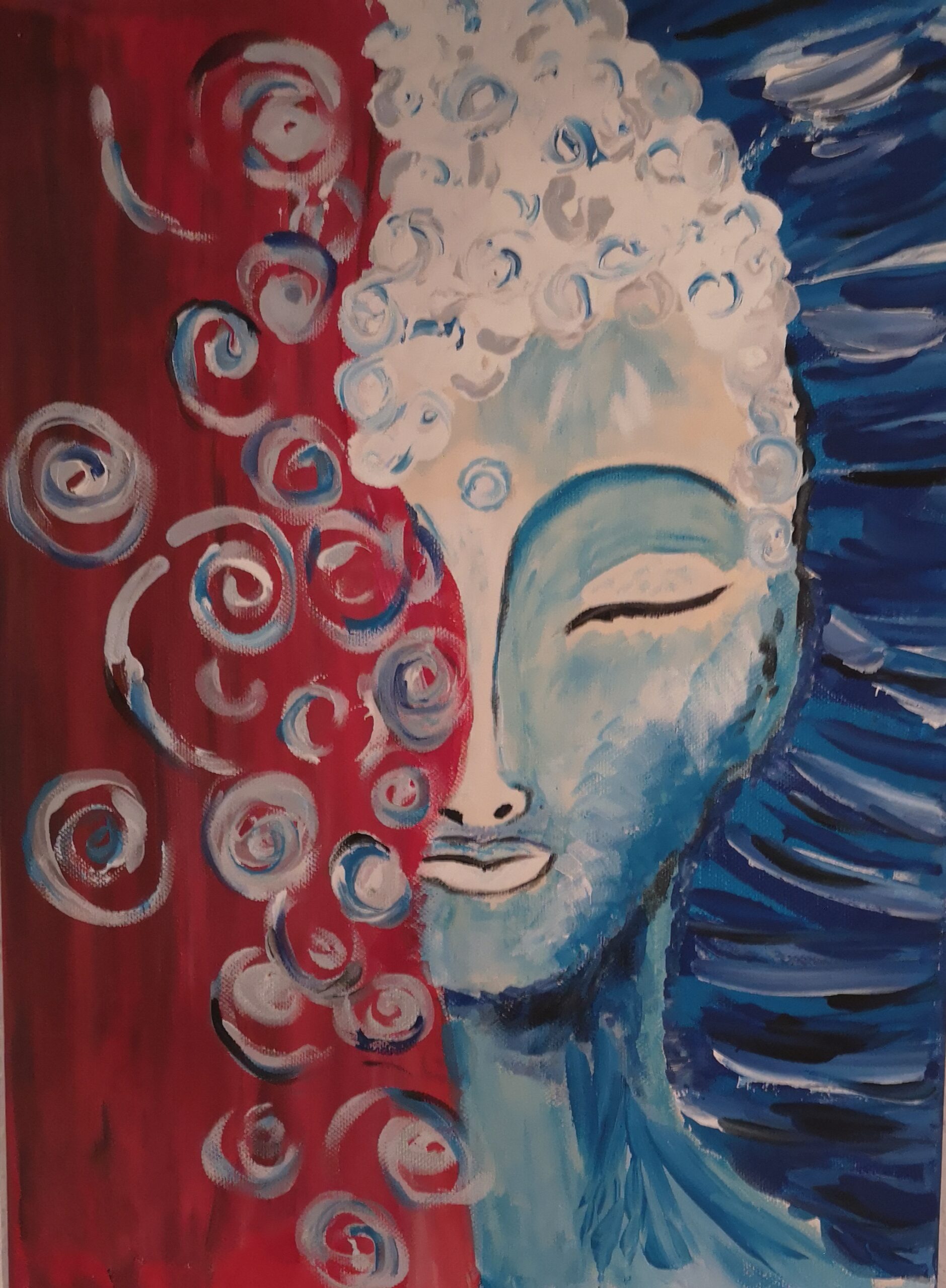 Bild eines halben Buddhakopfes mit Kreisen in rot und blau