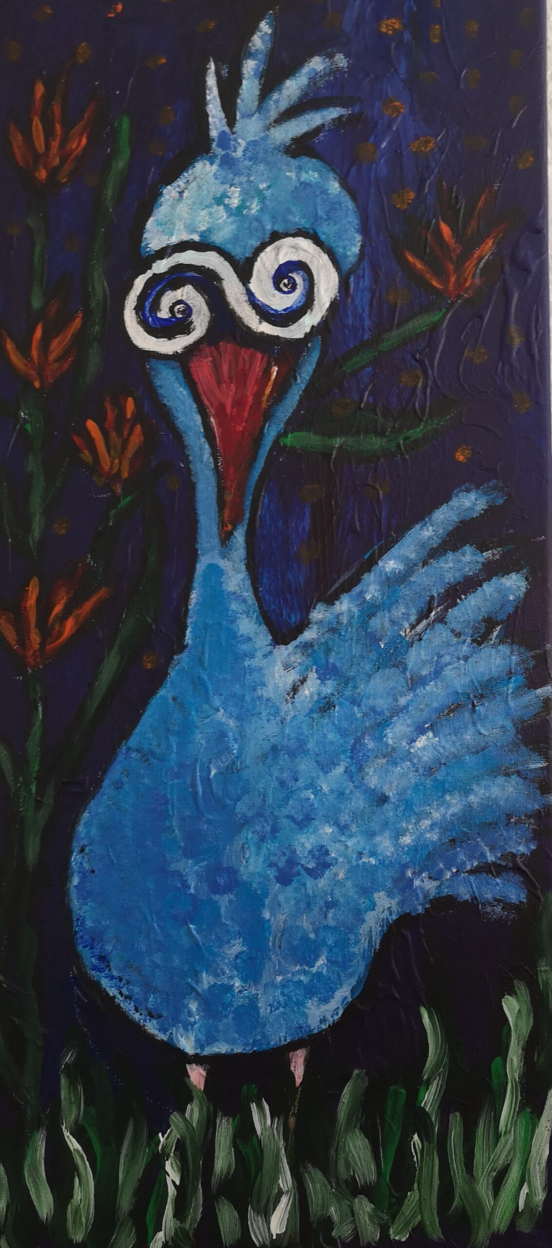 Bild eines blauen Vogels auf blauem Hintergrund mit Wiese und Blüten
