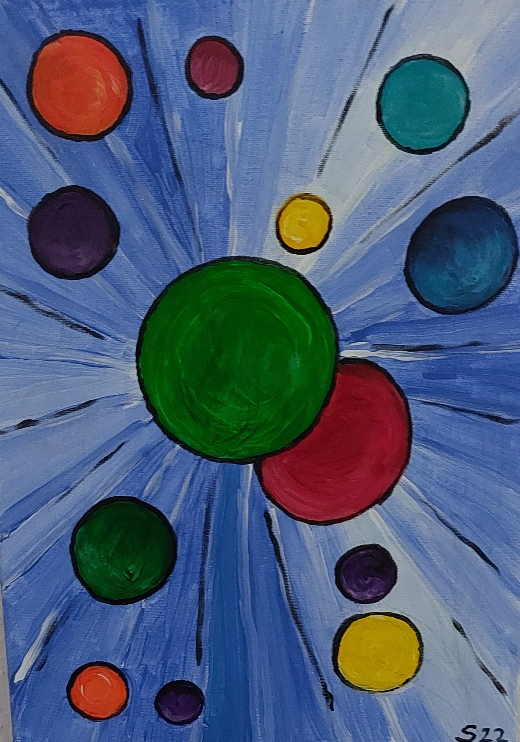 Bild von Kreisen in der Farbe der Chakren auf blauem Hintergrund, die sich auf die Mitte zu bewegen