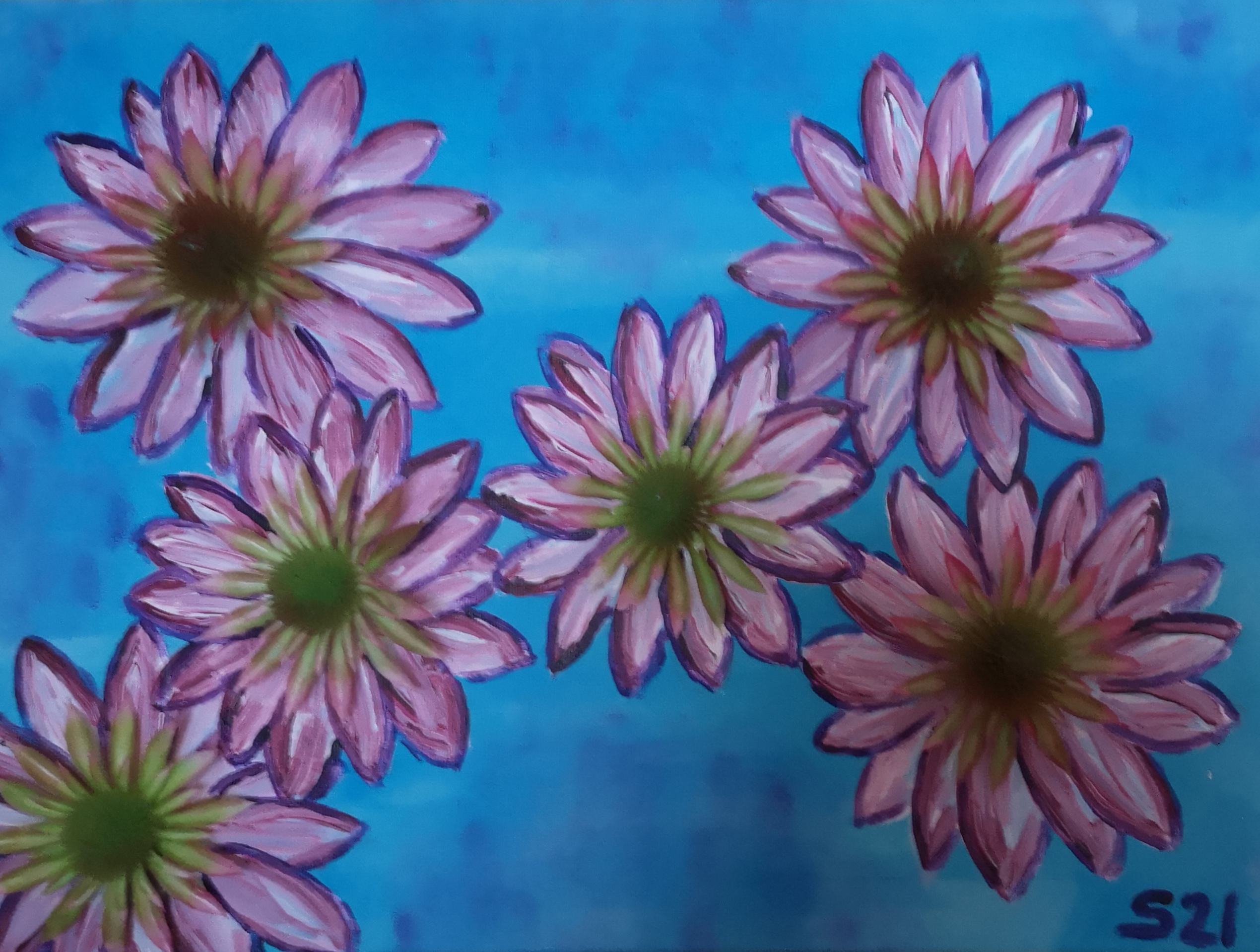 Bild von Blüten mit Mitten aus Objekten in rosa und blau