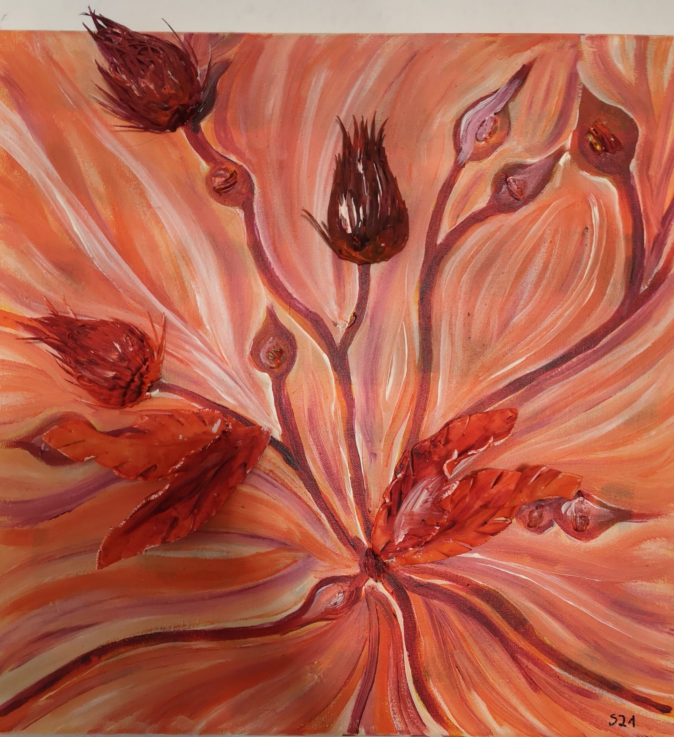 Orangefarbenes Bild mit Pflanzen gemalt und in 3 D