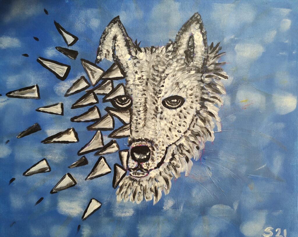 Bild eines grauen Wolfes mit einer Gesichtshälfte aus Dreiecken auf blauem Hintergrund