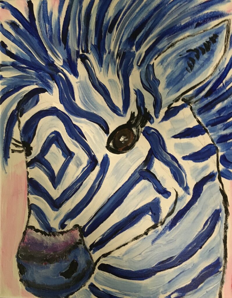 Bild eines gemalten Zebrakopfes in Blautönen